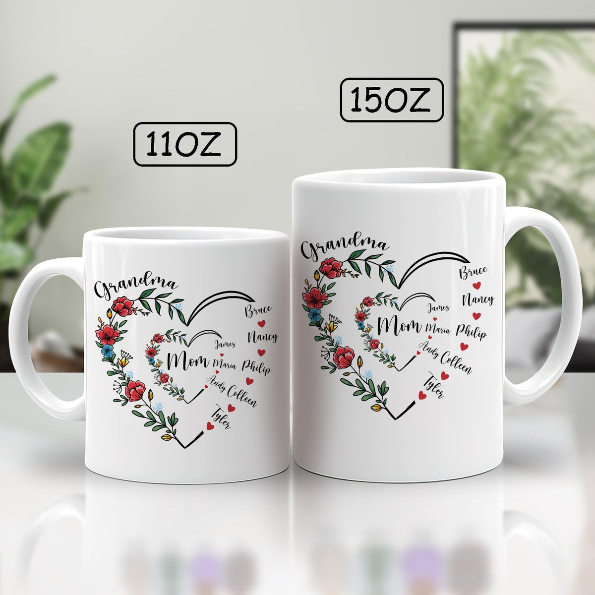 Unique family gift mug featuring floral heart design with personalized names for beloved family members