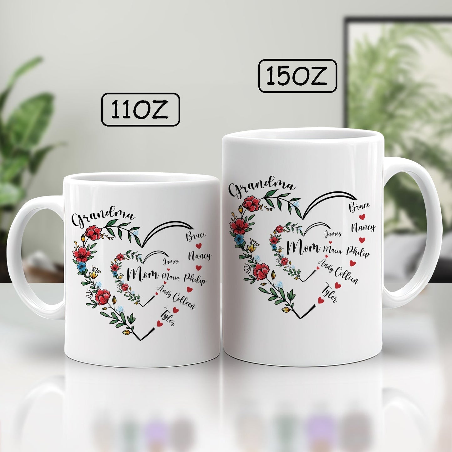 Unique family gift mug featuring floral heart design with personalized names for beloved family members