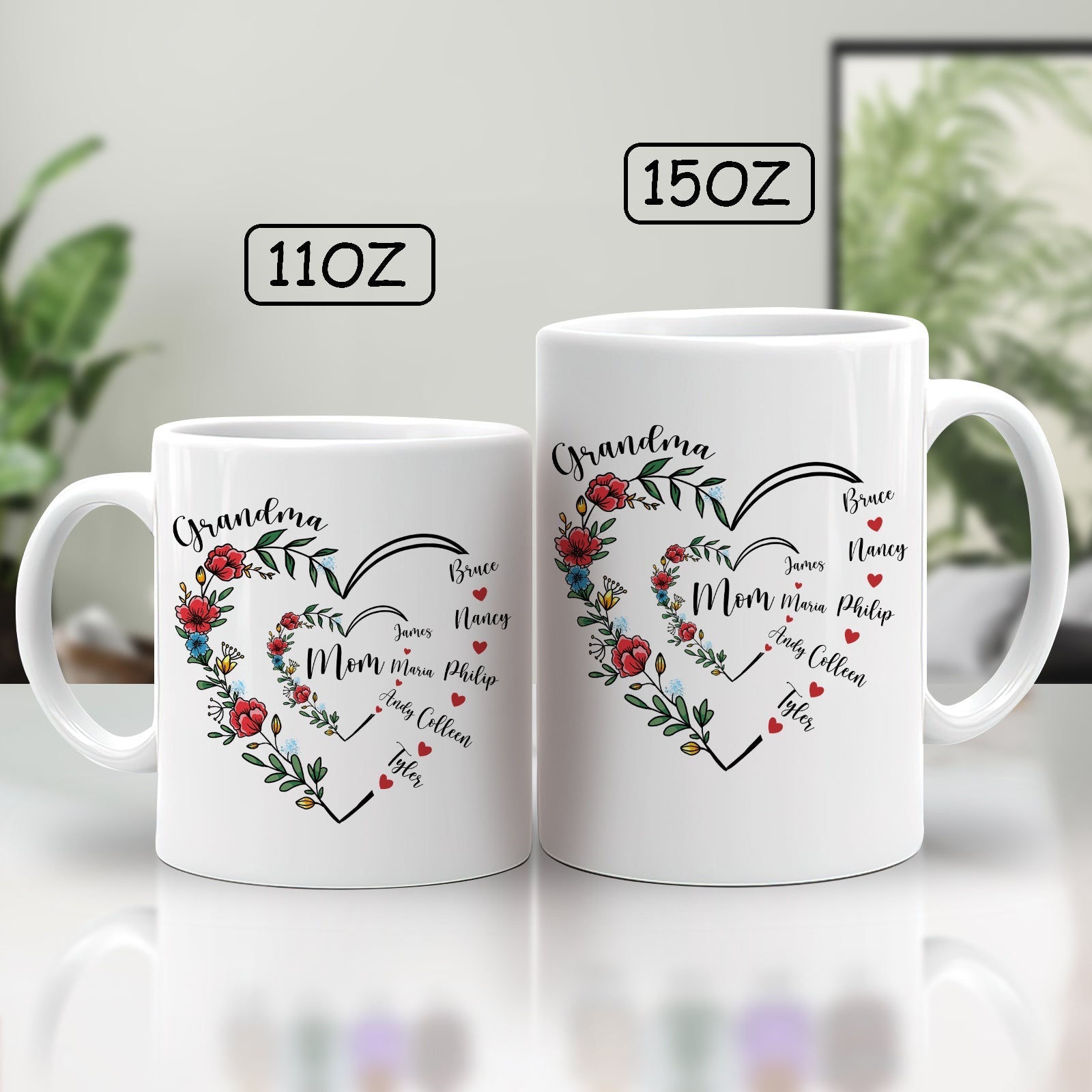 Unique family gift mug featuring floral heart design with personalized names for beloved family members