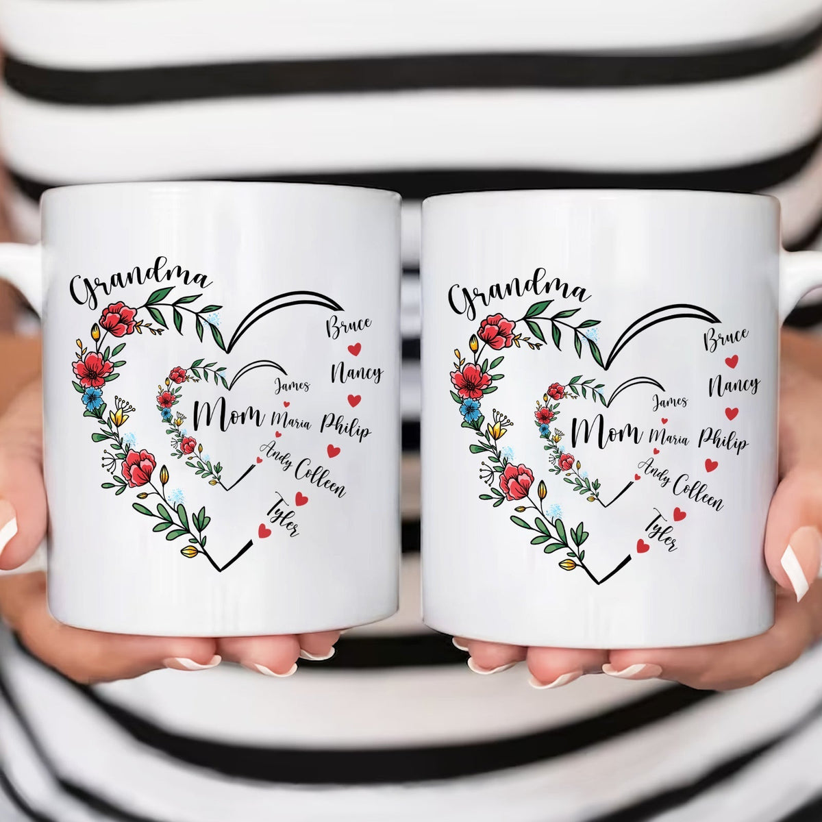 Unique family gift mug featuring floral heart design with names for Grandma and family members