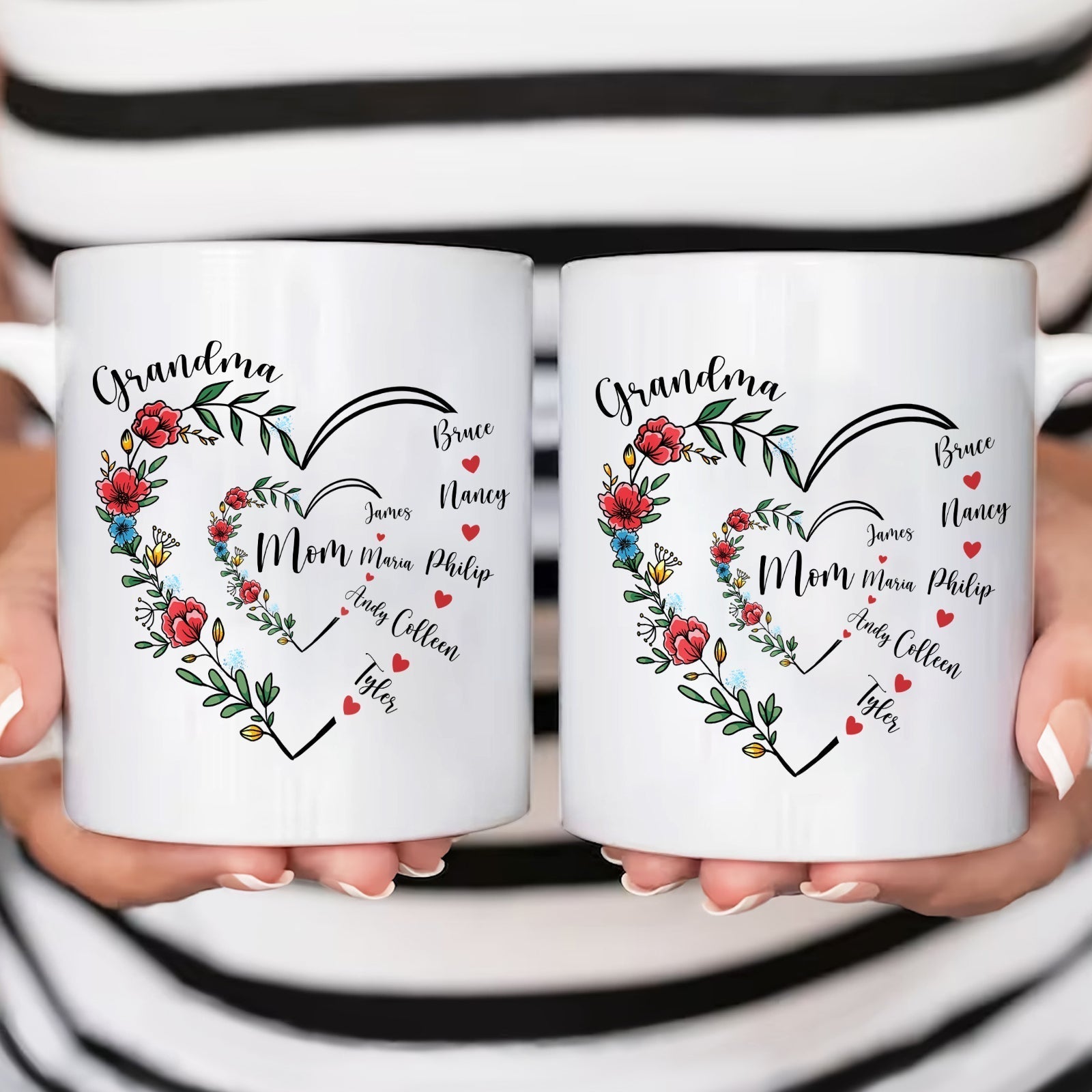 Unique family gift mug featuring floral heart design with names for Grandma and family members
