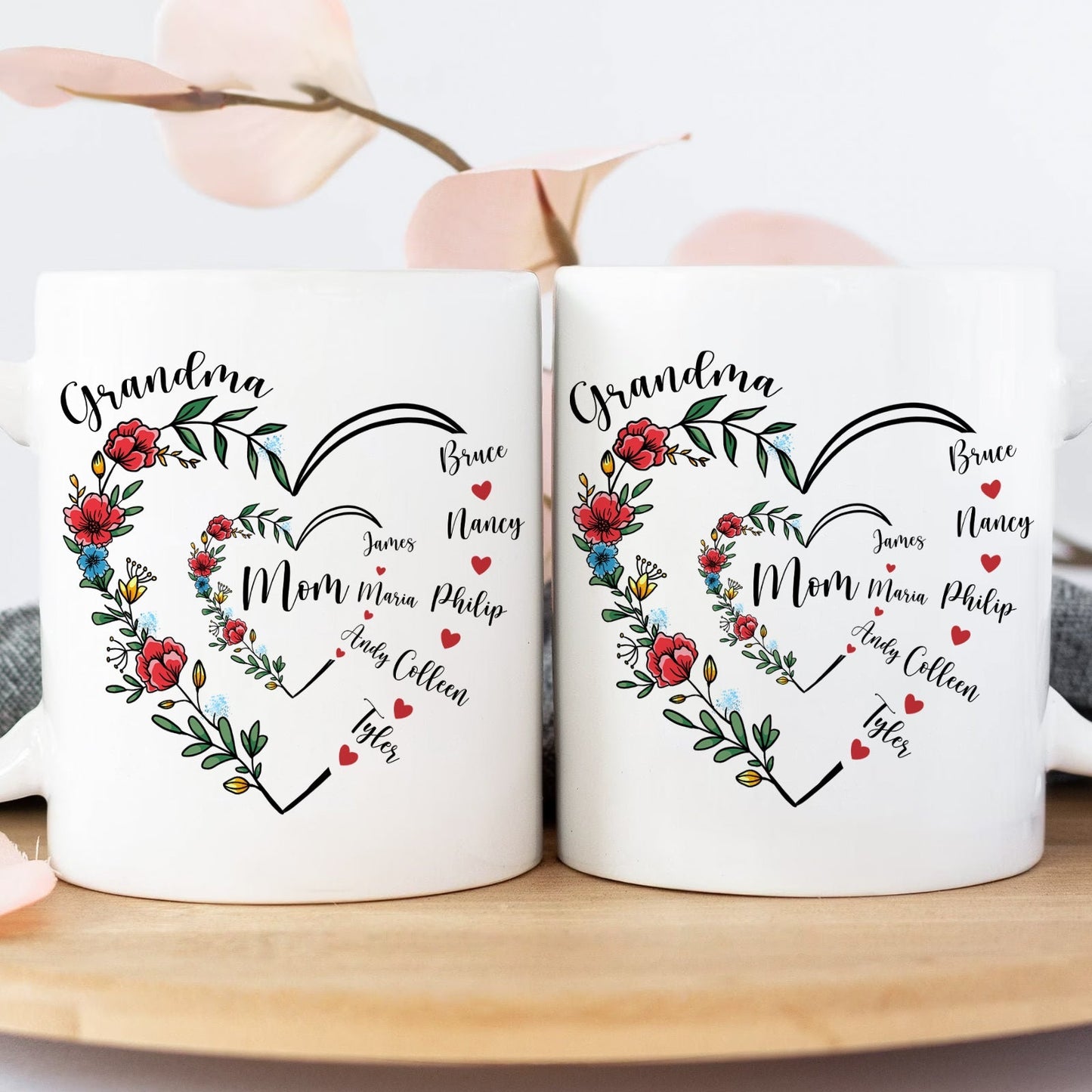 Unique family gift mug featuring floral heart design with names for personalized family tribute