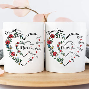Unique family gift mug featuring floral heart design with names for personalized family tribute