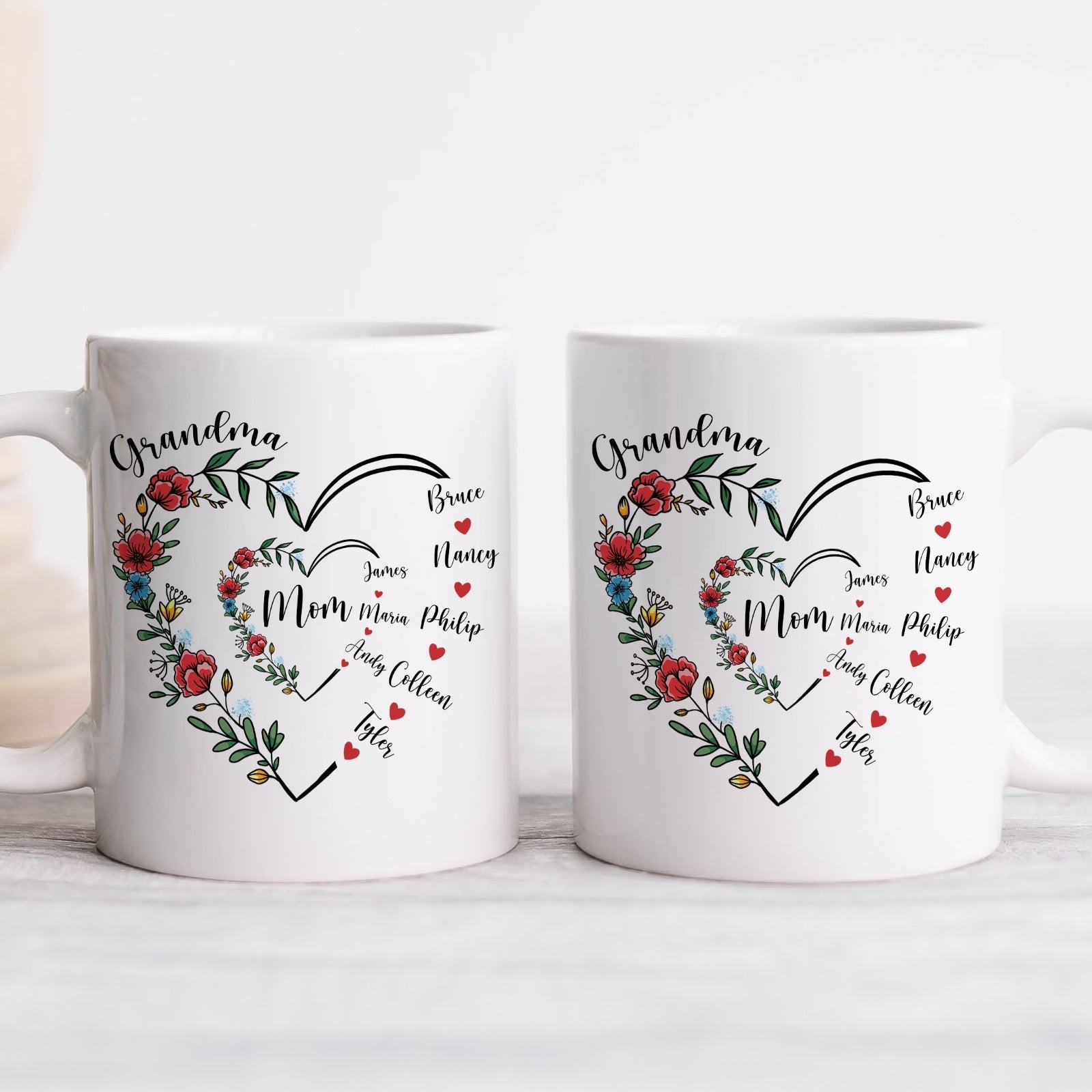 Unique family gift mug with floral heart design and names for a personalized touch