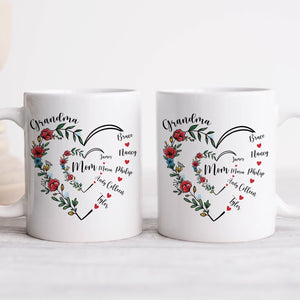 Unique family gift mug with floral heart design and names for a personalized touch