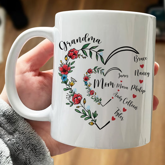 Unique family gift mug with floral heart design and names for personalized beverages