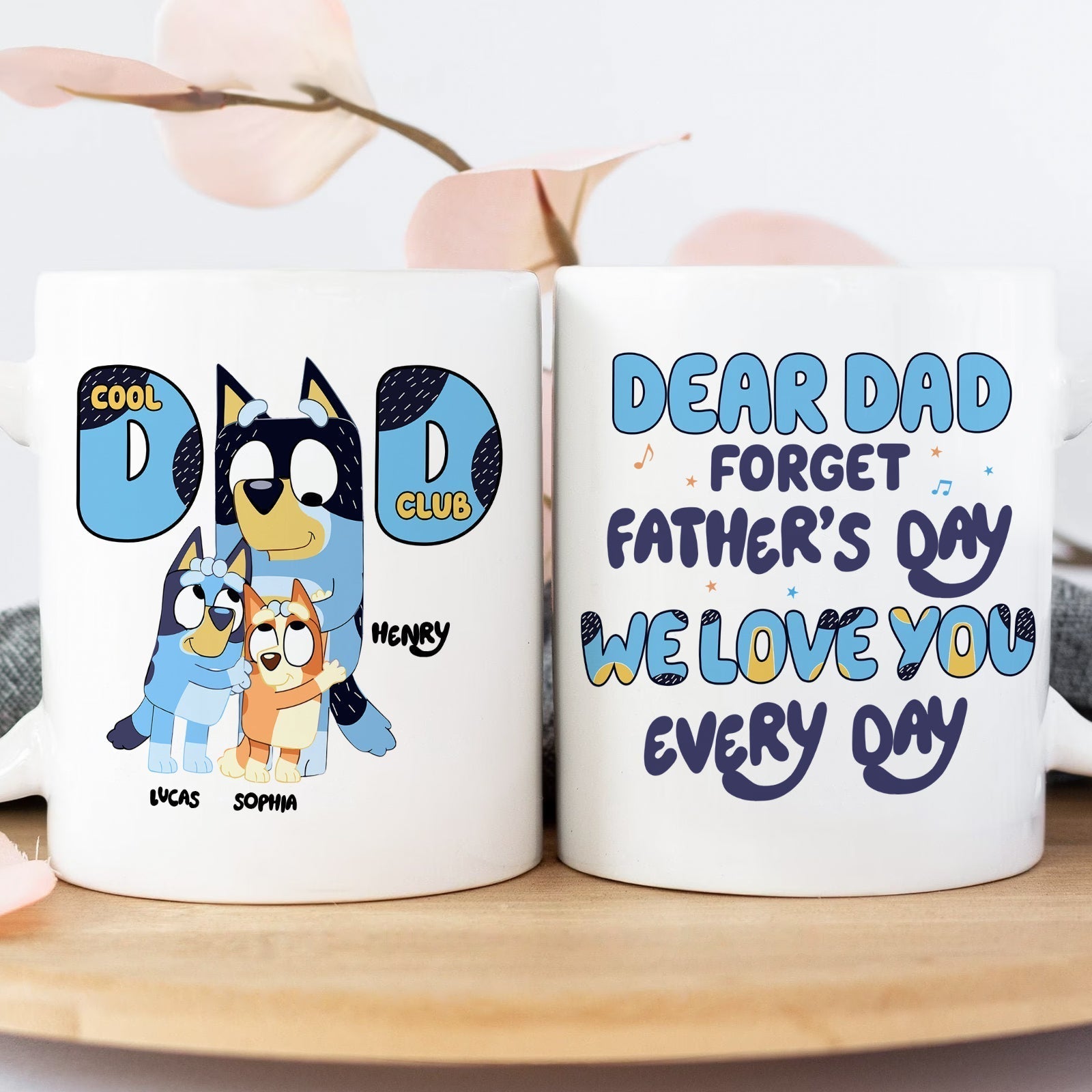 Funny coffee mug with Bluey characters and message, unique gifts for dad from kids