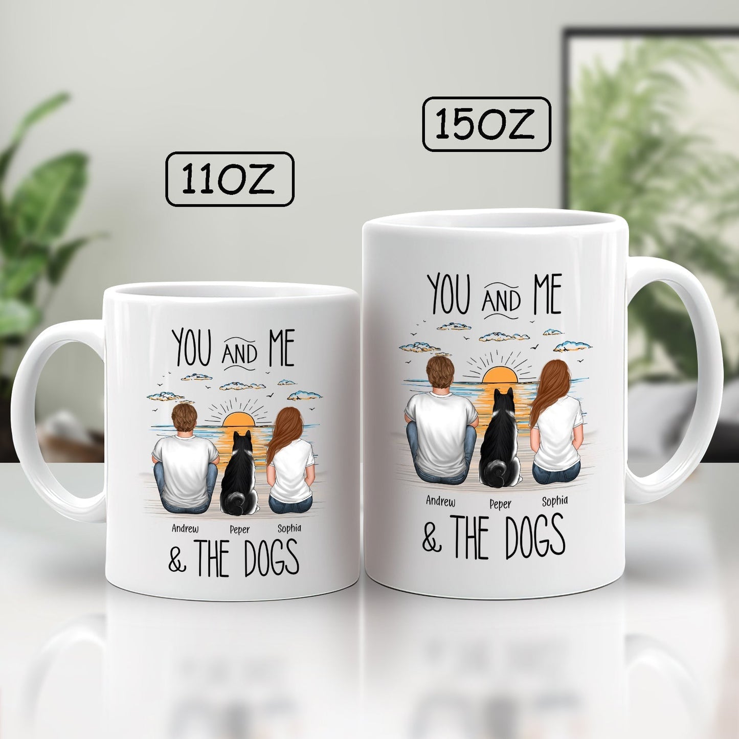 Unique pet lover gift mug featuring a couple and their dogs by the beach during sunset