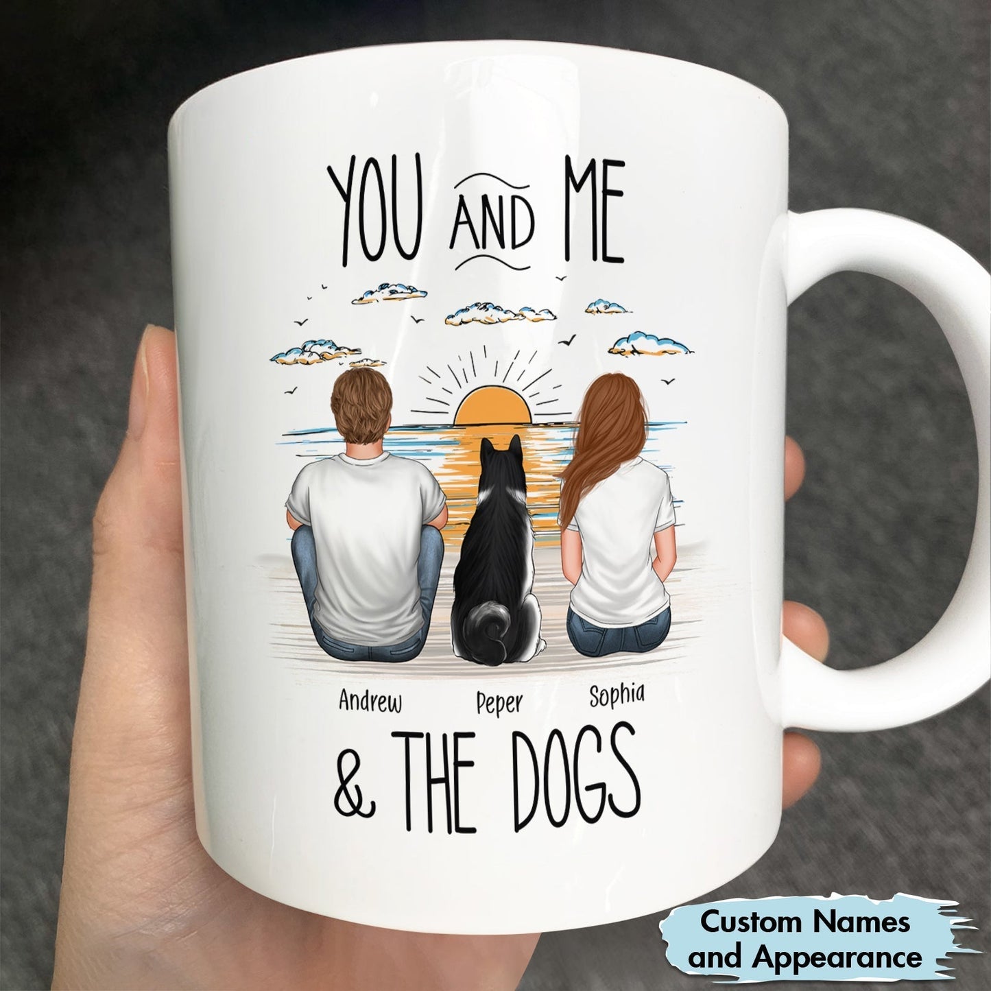 Custom names mug featuring a couple and their dogs, a unique pet lover gift mug