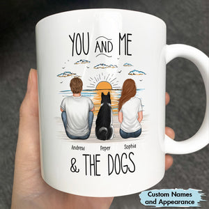 Custom names mug featuring a couple and their dogs, a unique pet lover gift mug