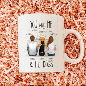 Unique pet lover gift mug featuring a couple and their dogs silhouette at sunset
