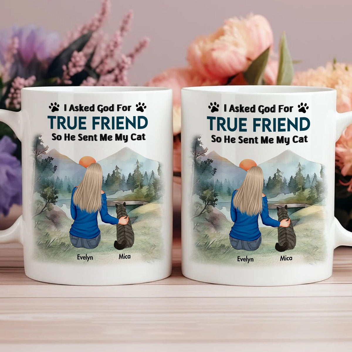 Unique pet memorial mug featuring a person with a cat in a scenic landscape, personalized design