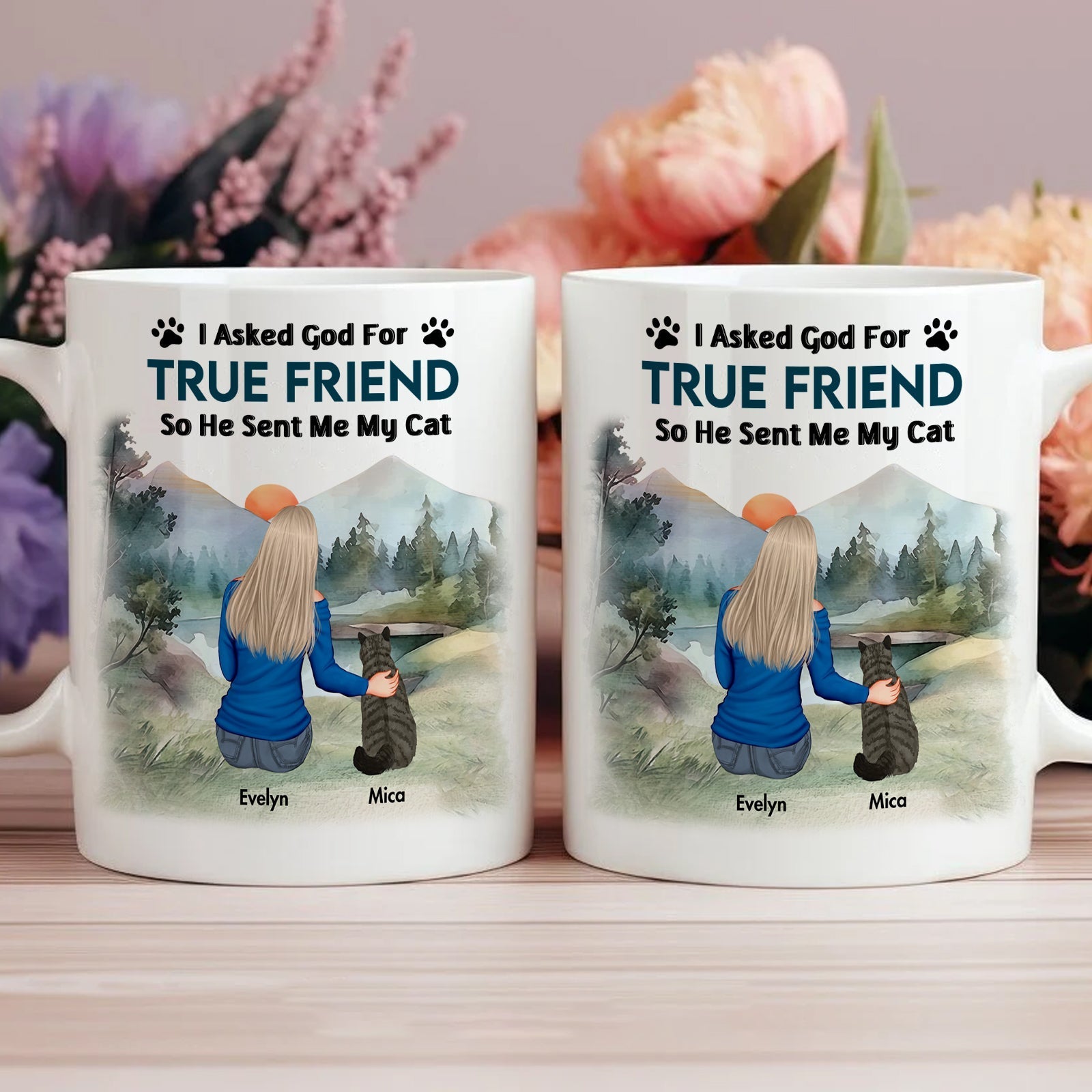 Unique pet memorial mug featuring a person with a cat in a scenic landscape, personalized design