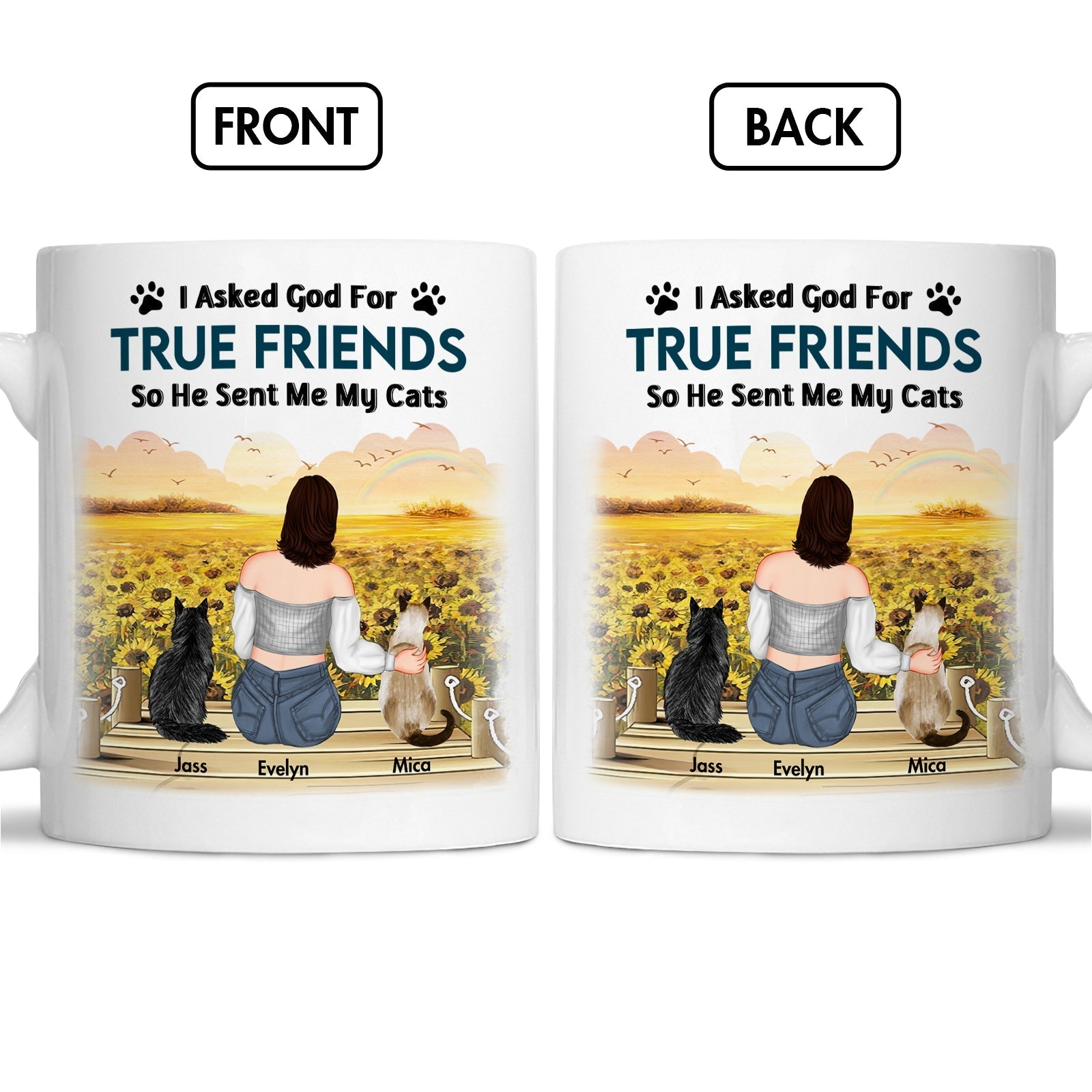 Unique pet memorial mug featuring a serene design of a person with cats and heartfelt text