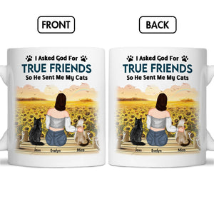 Unique pet memorial mug featuring a serene design of a person with cats and heartfelt text