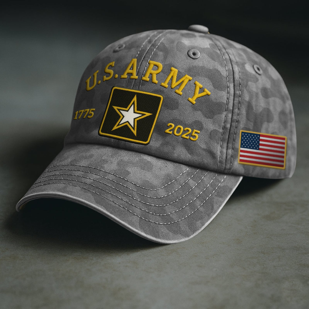 Gray U.S. Army 2025 collection apparel cap featuring an emblem and American flag patch
