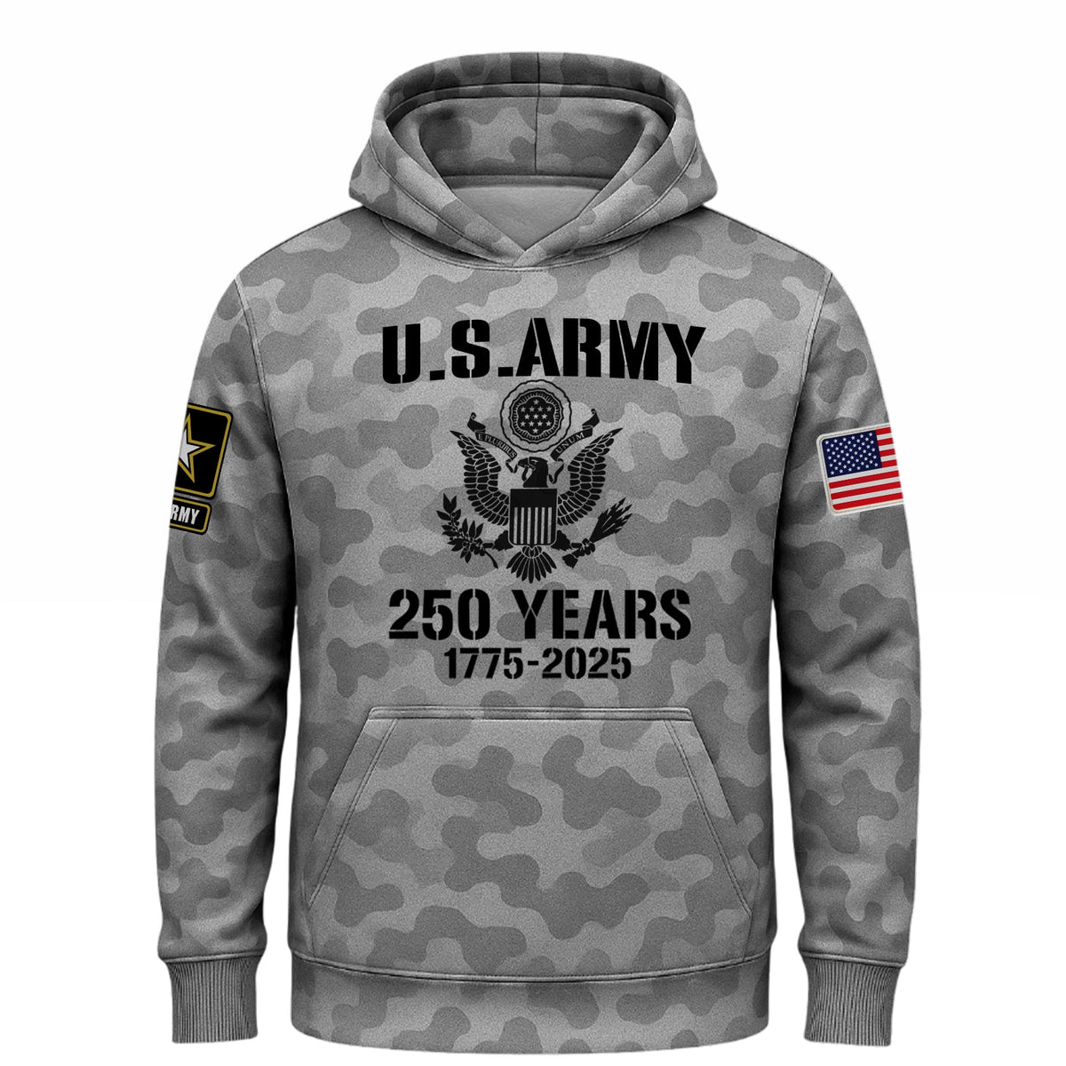 Grey camo U.S. Army 2025 collection apparel hoodie with 250 years design and patches