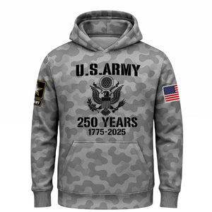 Grey camo U.S. Army 2025 collection apparel hoodie with 250 years design and patches