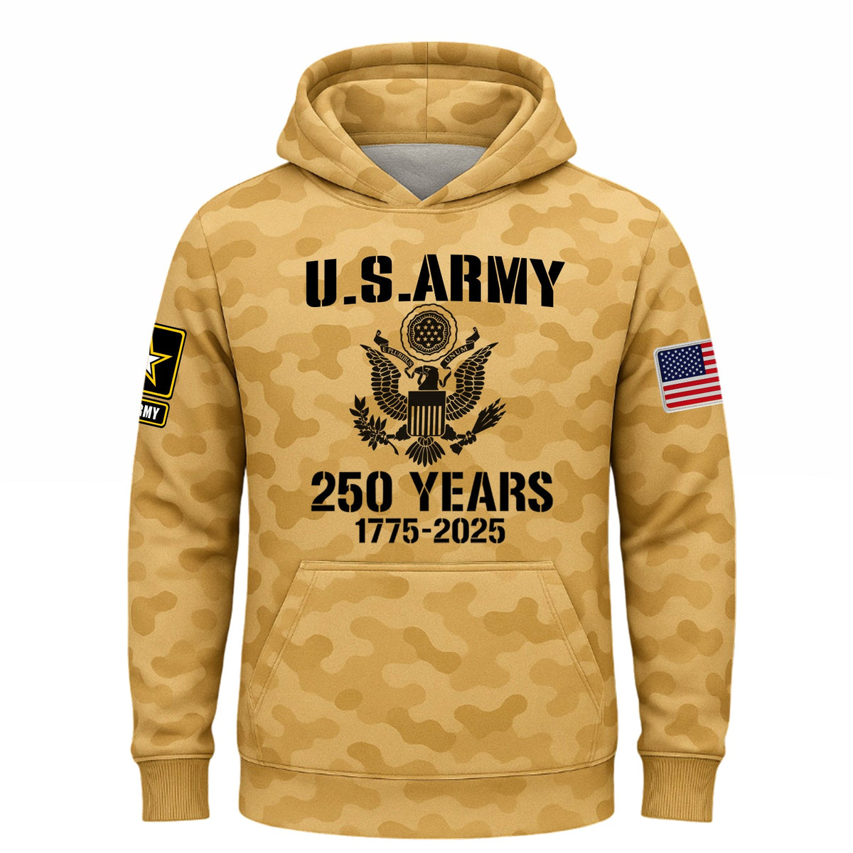 U.S. Army 2025 collection apparel with camo design and front eagle insignia for veterans and supporters