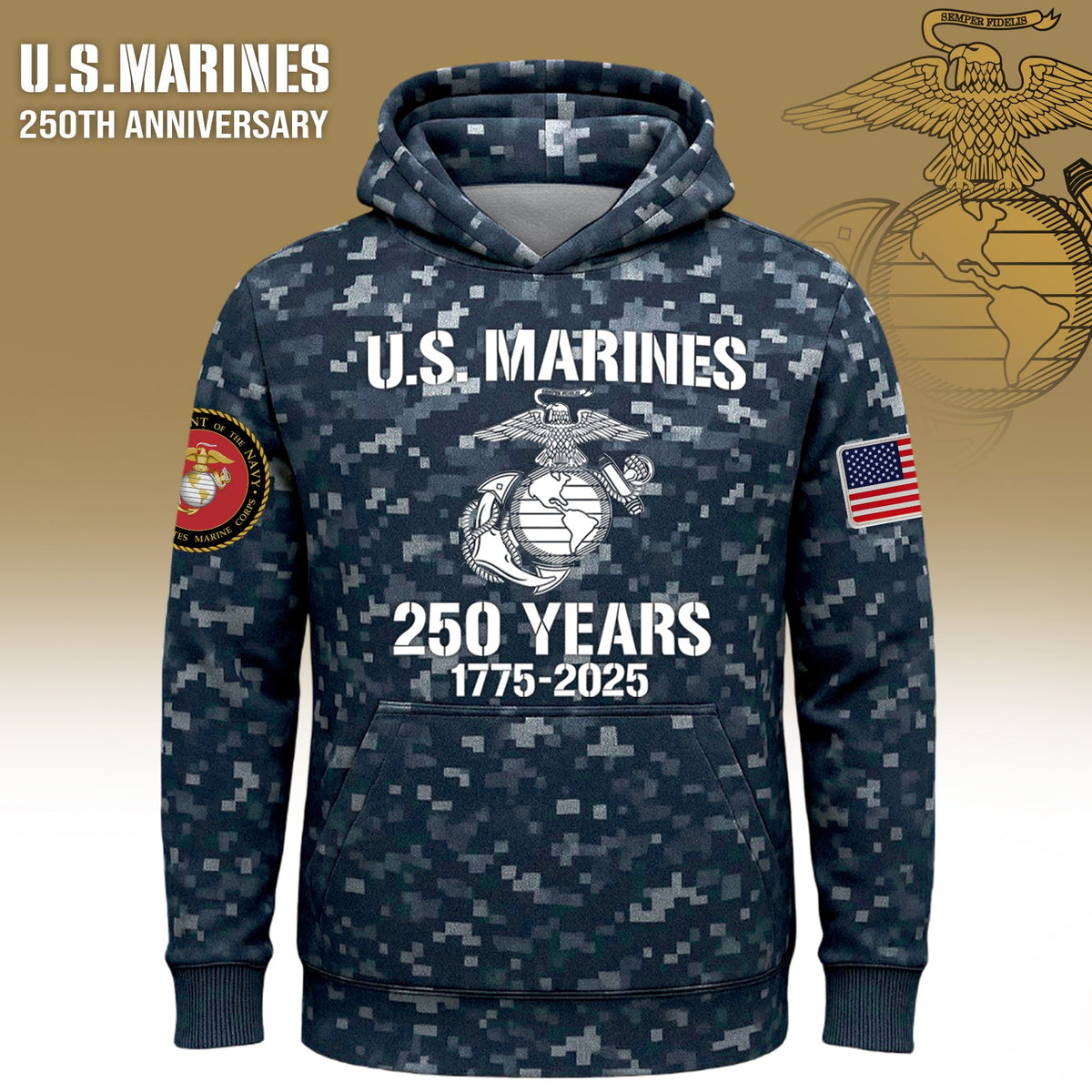 USMC 250th anniversary shirt featuring digital camo design and Marine Corps emblem