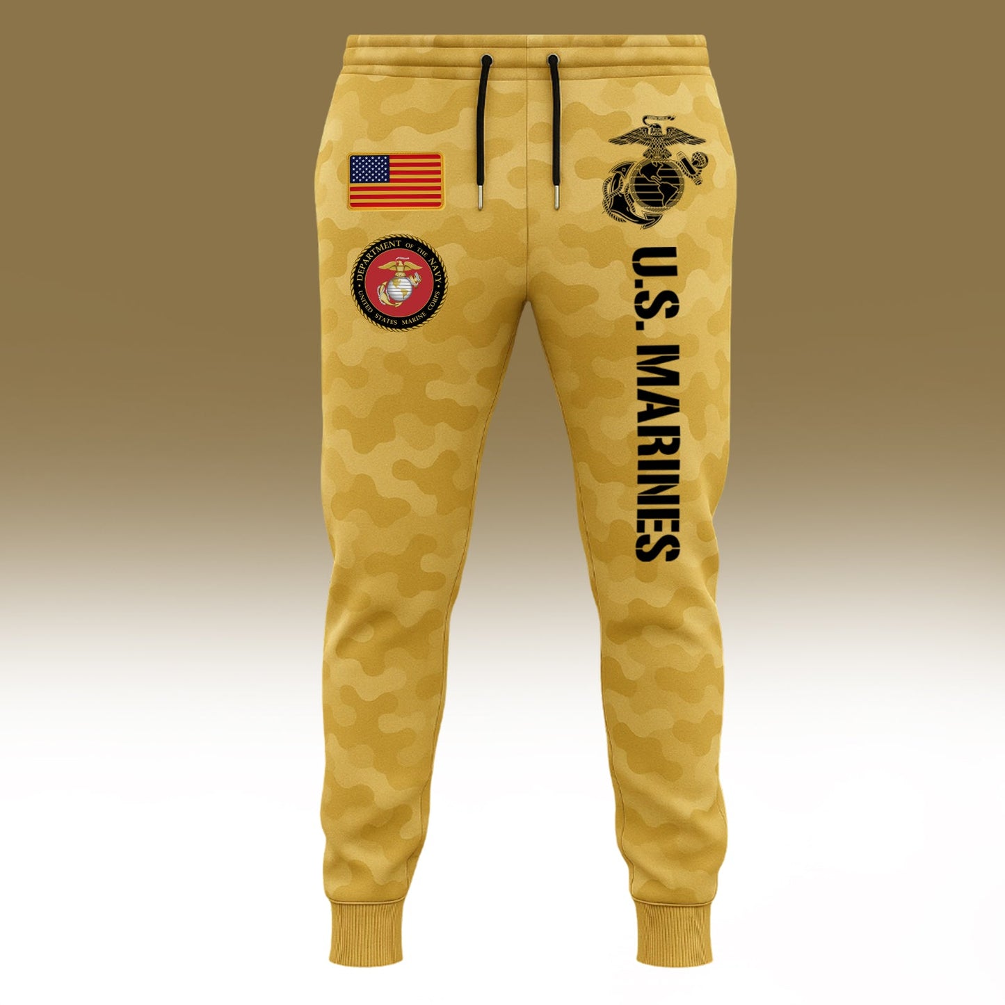 USMC 250th anniversary shirt featuring U.S. Marines logo and American flag design in a camouflage pattern