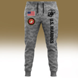 USMC 250th anniversary shirt featuring U.S. Marines logo and patches on a camouflage design