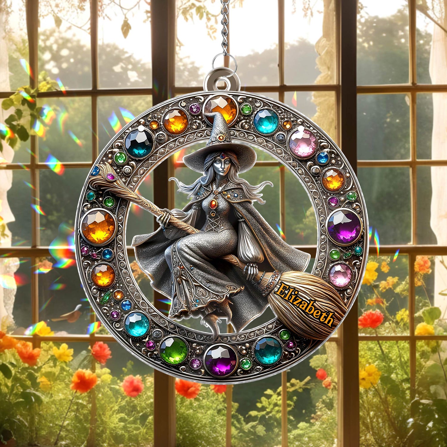 Personalized Halloween witch suncatcher with colorful gems and a witch holding a broomstick
