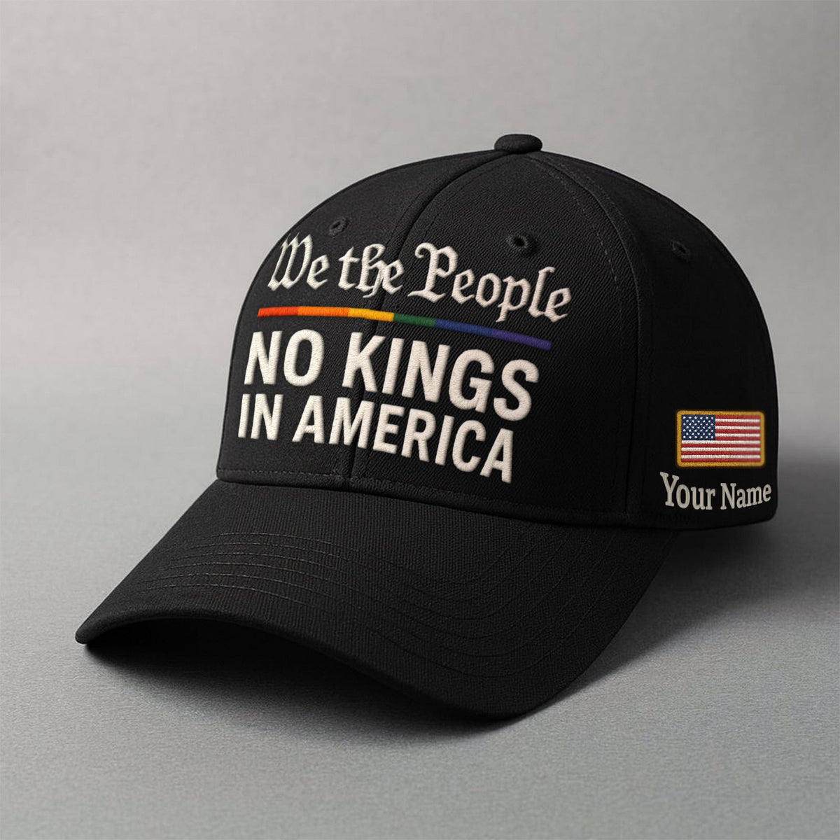 We the People embroidered cap with No Kings in America and personalized name option, black color