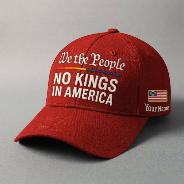 We the People embroidered cap in red with No Kings in America statement and customizable name option