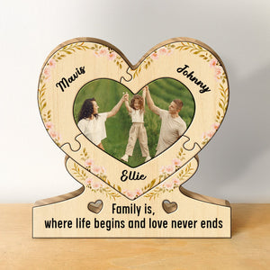 Heart-shaped wooden puzzle for family with custom photo and names Mavis Johnny Ellie, floral design