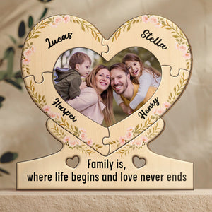 Personalized wooden puzzle for family with heart shape photo and names Lucas Stella Harper Henry